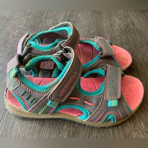 Girls Merrill Velcro sandals pink/grey/teal. Size 1.  Great condition